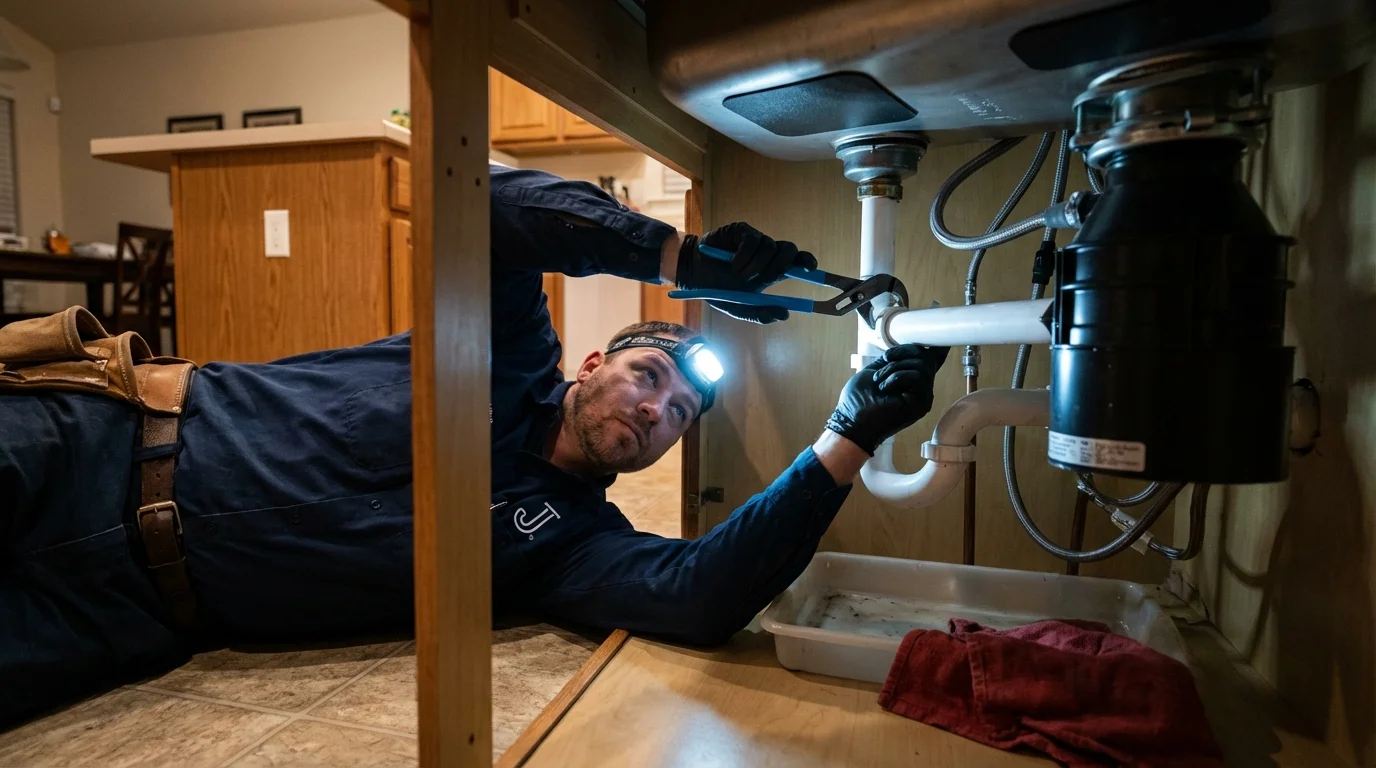 P-trap and supply line connections under a kitchen sink showing a common leak point in Rowland, NC